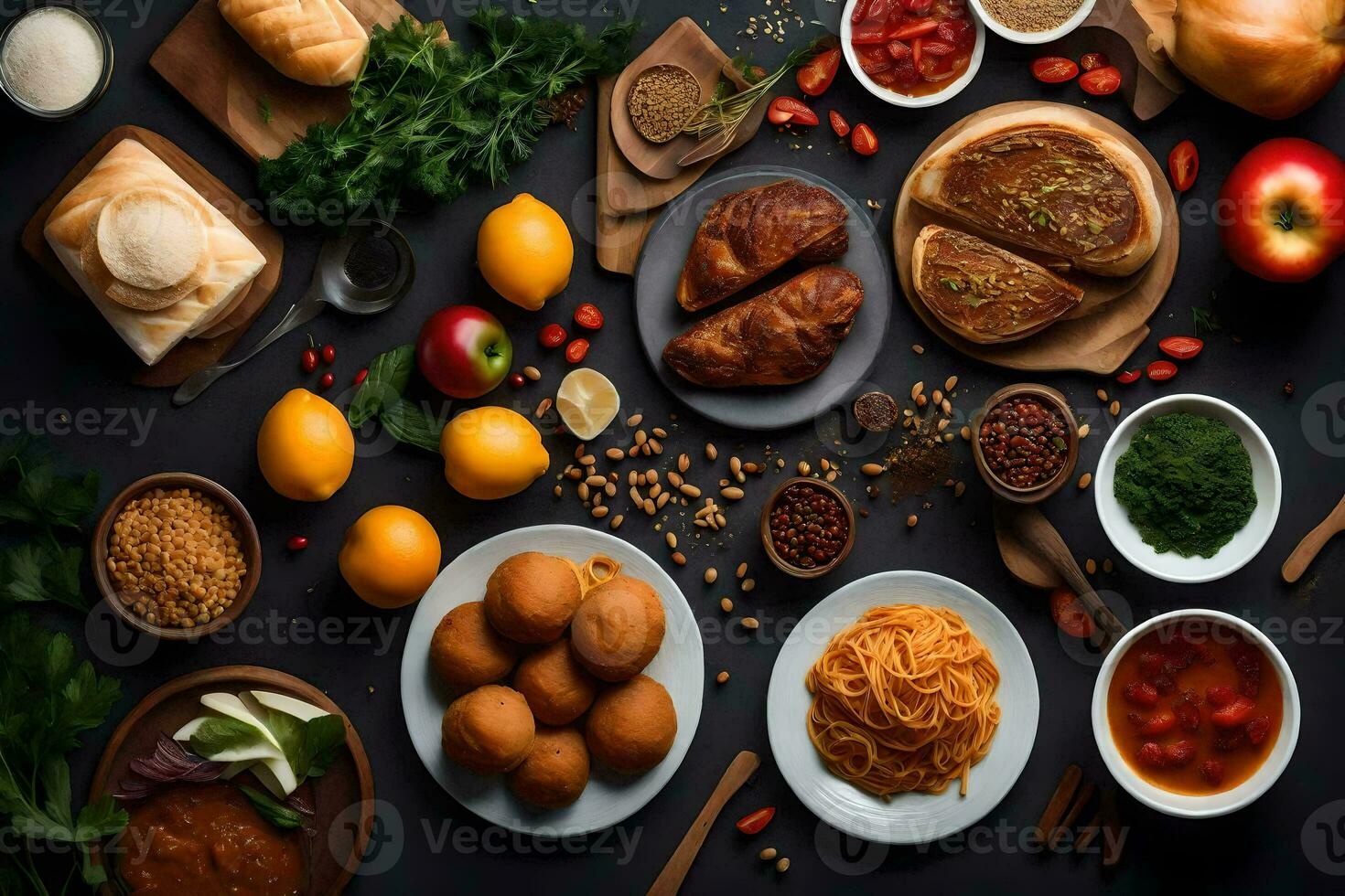 vários alimentos e ingredientes estão arranjado em uma mesa. gerado por IA foto