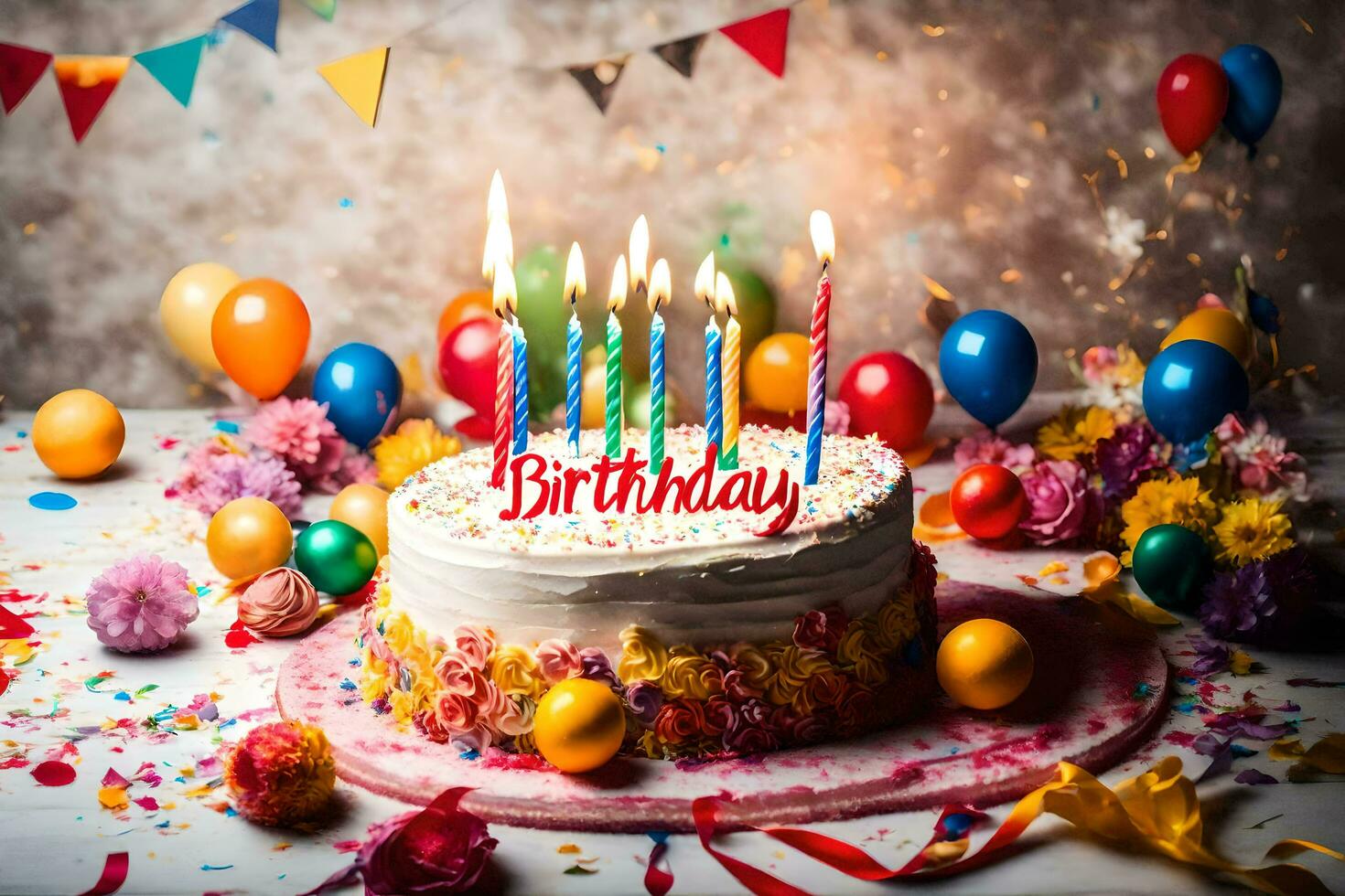 uma aniversário bolo com velas e balões em uma mesa. gerado por IA foto