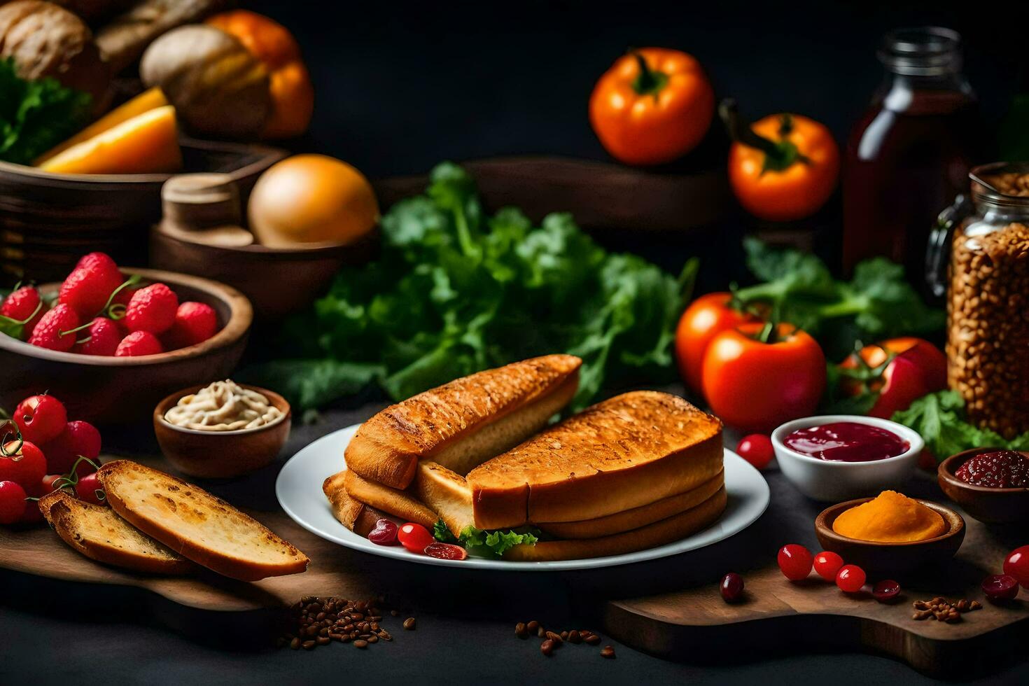 alimentos em uma mesa com pão, legumes e fruta. gerado por IA foto