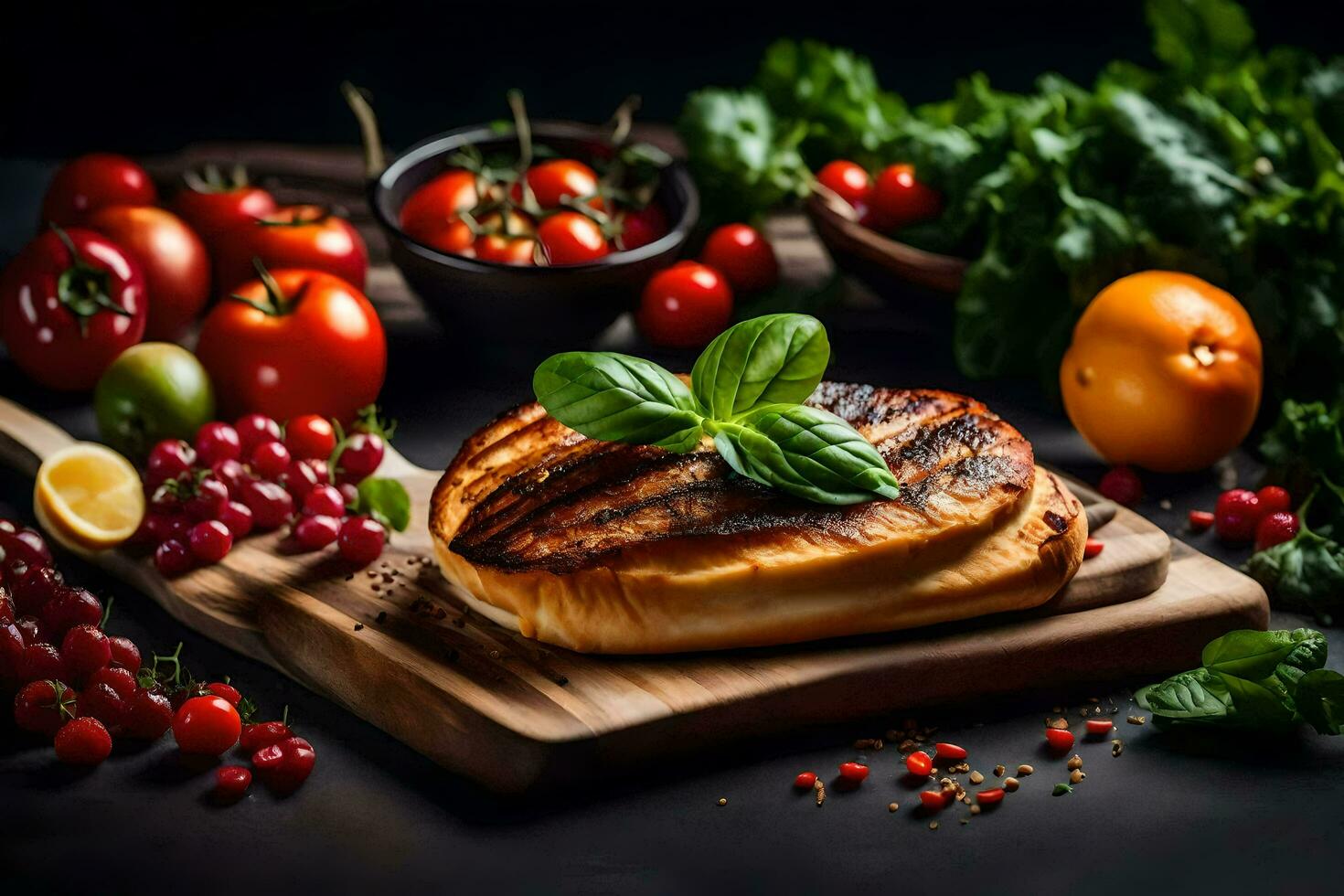 grelhado carne em uma de madeira corte borda com fresco legumes. gerado por IA foto