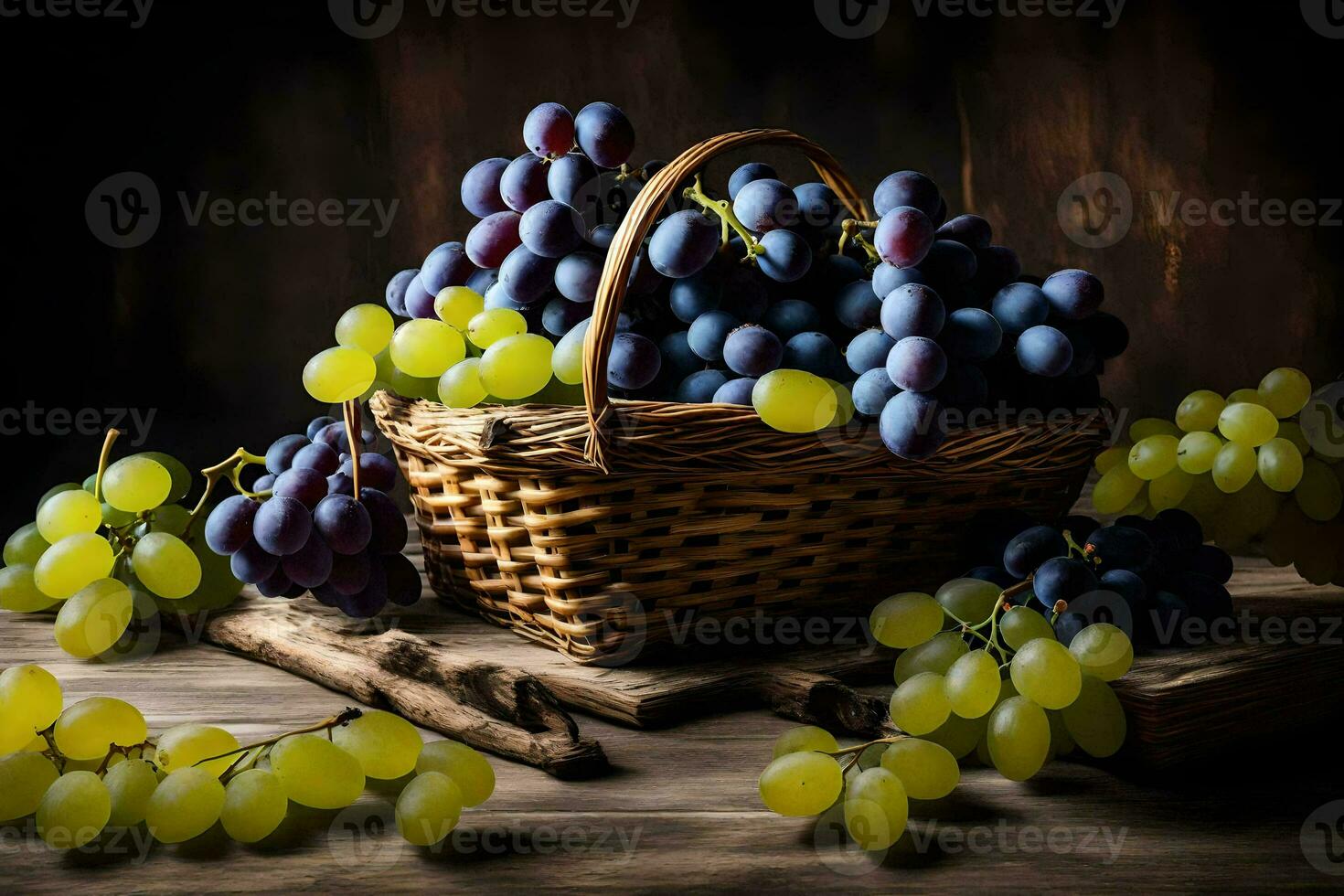 uvas, cesta, ainda vida, uvas, cesta, ainda vida hd papel de parede. gerado por IA foto