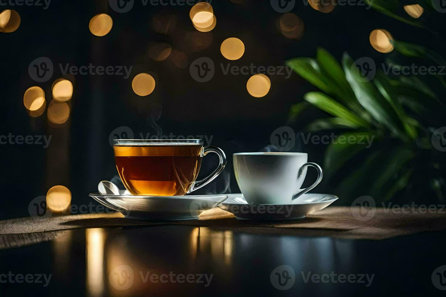 uma copo do chá e uma copo do café em uma mesa. gerado por IA foto