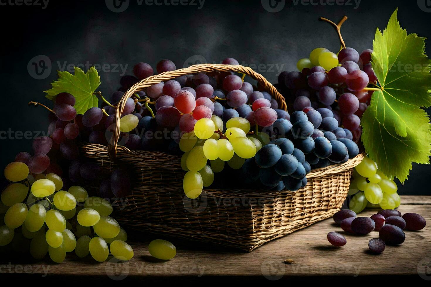 uvas dentro uma cesta em uma Sombrio fundo. gerado por IA foto