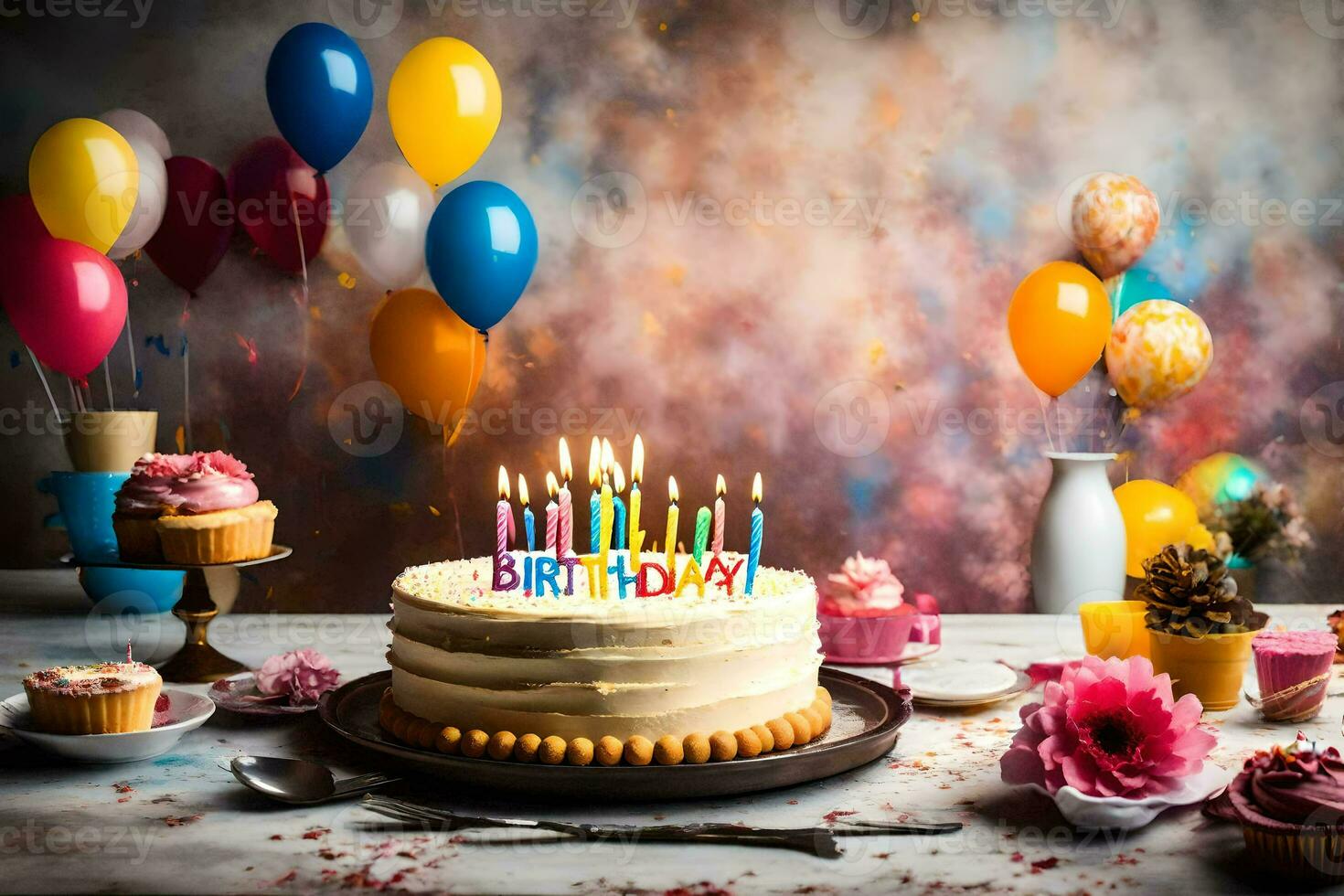 aniversário bolo com velas e balões em uma mesa. gerado por IA foto