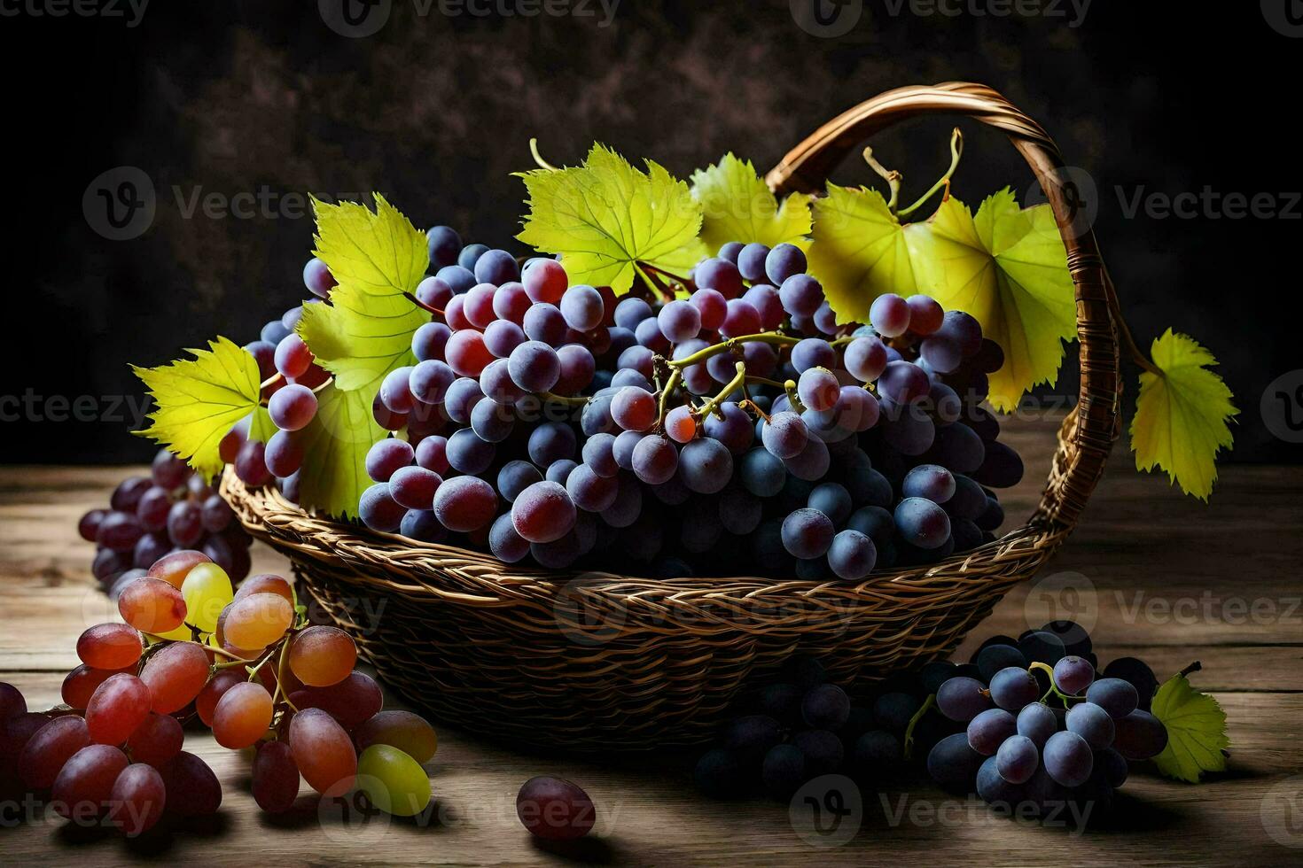 uvas dentro uma cesta em uma de madeira mesa. gerado por IA foto