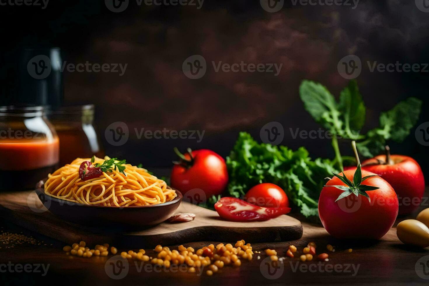 espaguete com tomates e legumes em uma de madeira mesa. gerado por IA foto