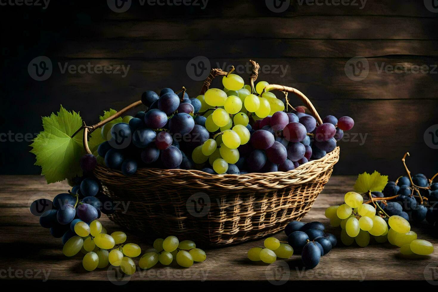 uvas dentro uma cesta em uma de madeira mesa. gerado por IA foto