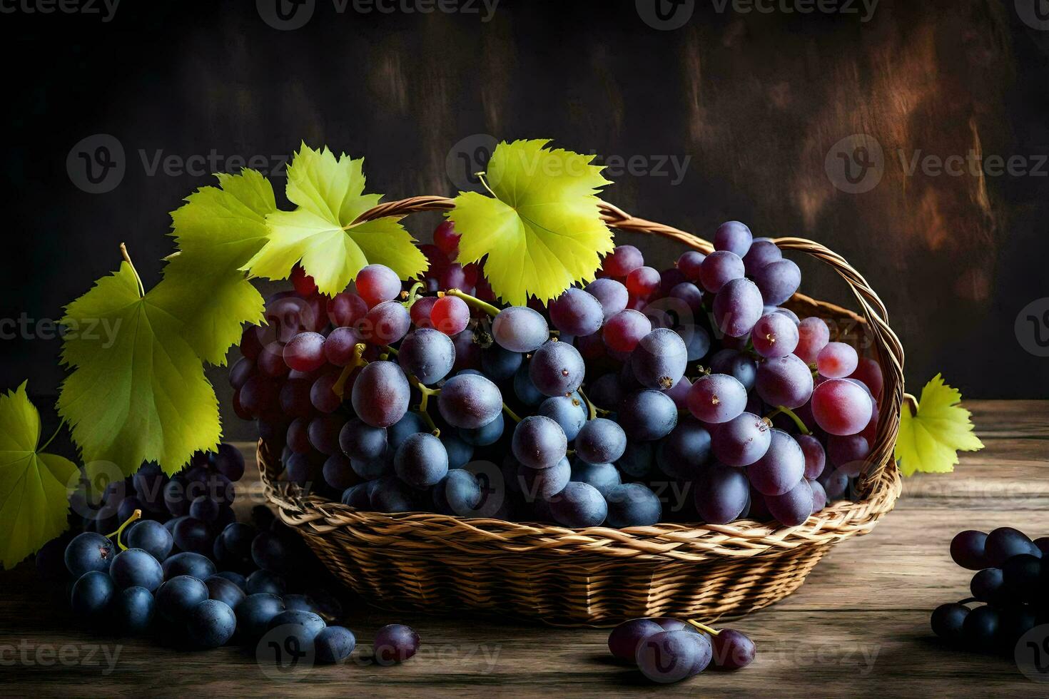 uvas dentro uma cesta em uma de madeira mesa. gerado por IA foto