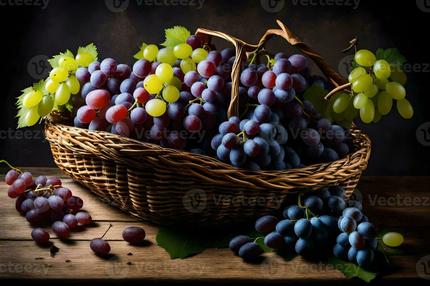 uvas dentro uma cesta em uma de madeira mesa. gerado por IA foto