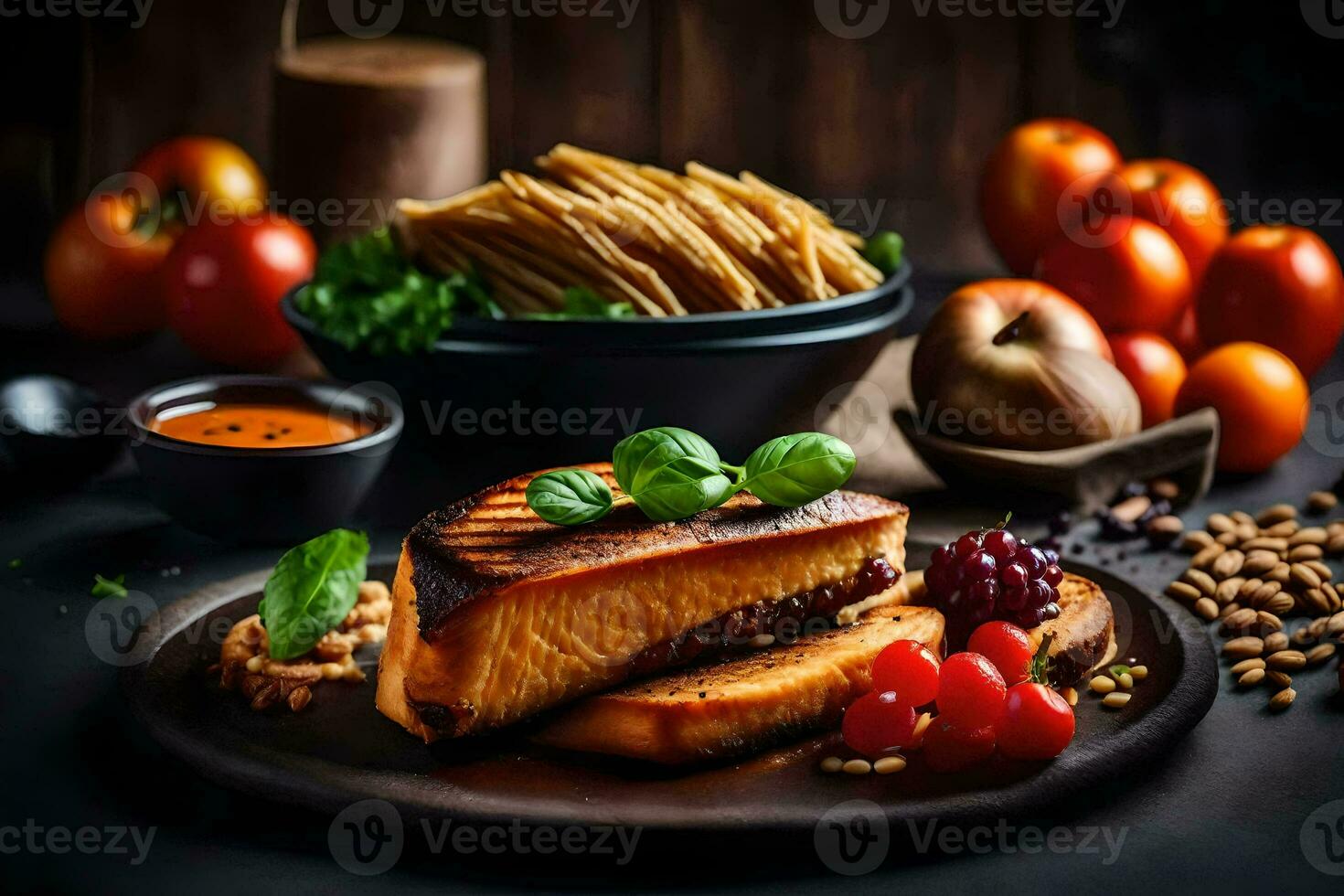grelhado queijo sanduíche com tomates e legumes. gerado por IA foto