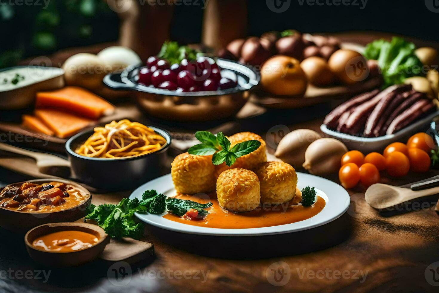 uma mesa com vários alimentos Incluindo almôndegas, queijo, e legumes. gerado por IA foto