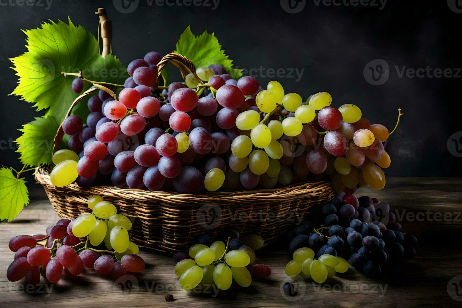 uvas dentro uma cesta em uma de madeira mesa. gerado por IA foto