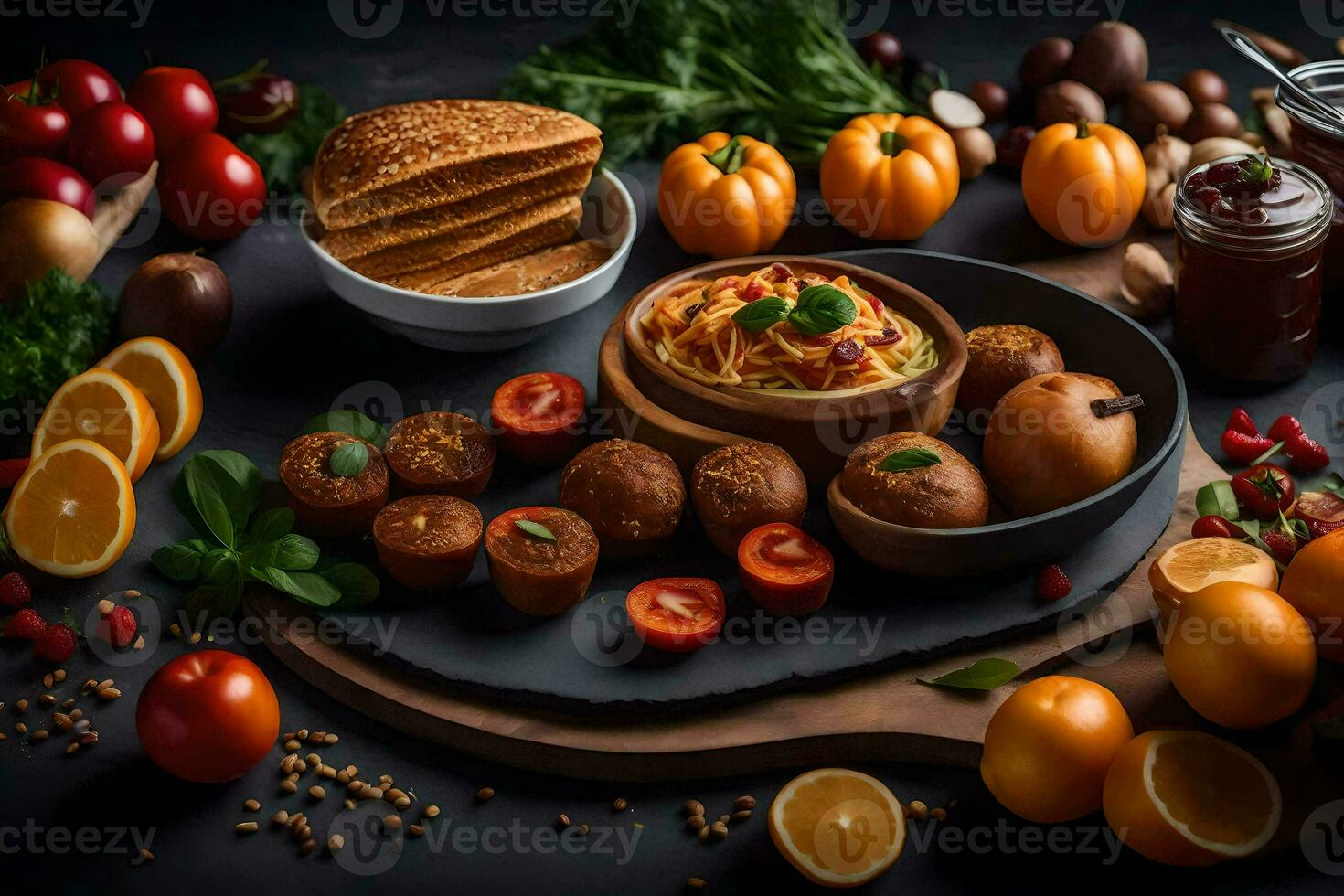 uma variedade do Comida em uma Preto mesa. gerado por IA foto