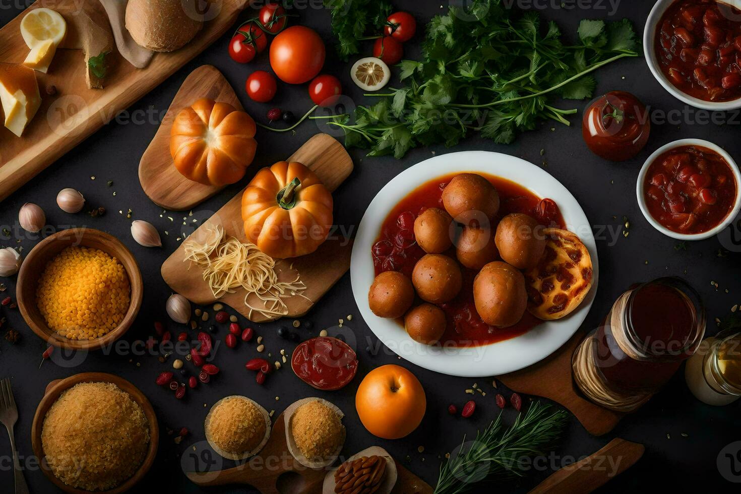 vários ingredientes para cozinhando em uma Preto fundo. gerado por IA foto