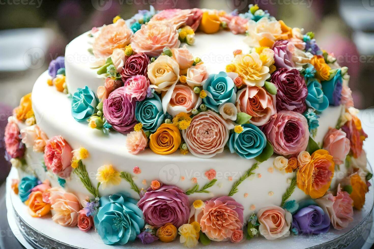 uma bolo decorado com colorida flores gerado por IA foto