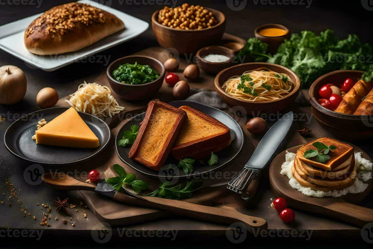 vários tipos do Comida em uma mesa. gerado por IA foto