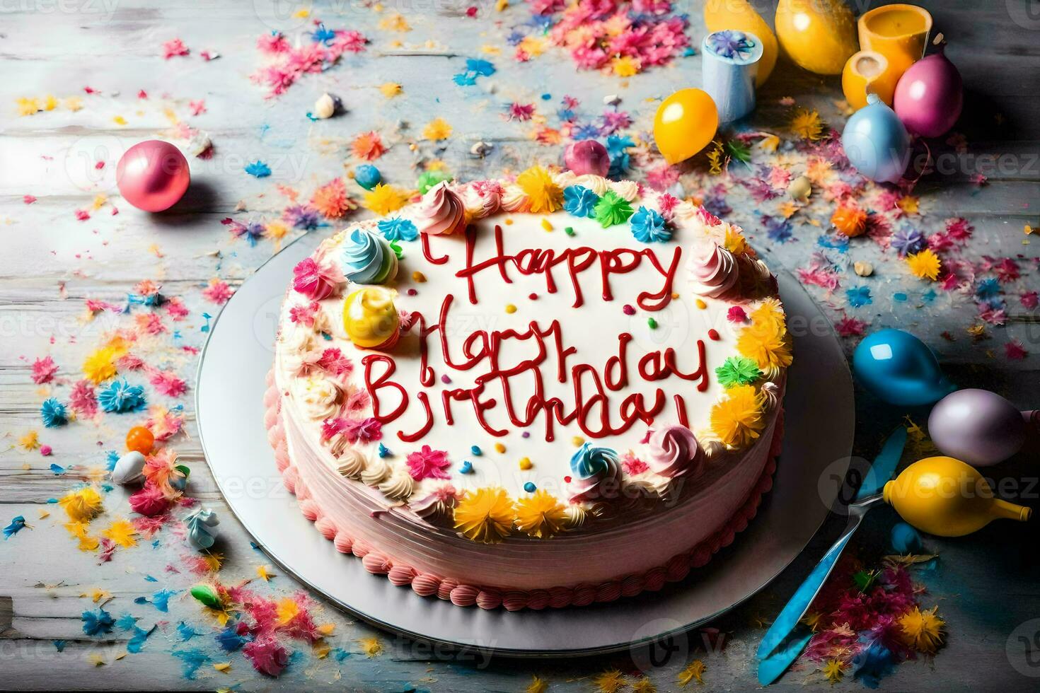 feliz aniversário bolo com colorida confete. gerado por IA foto