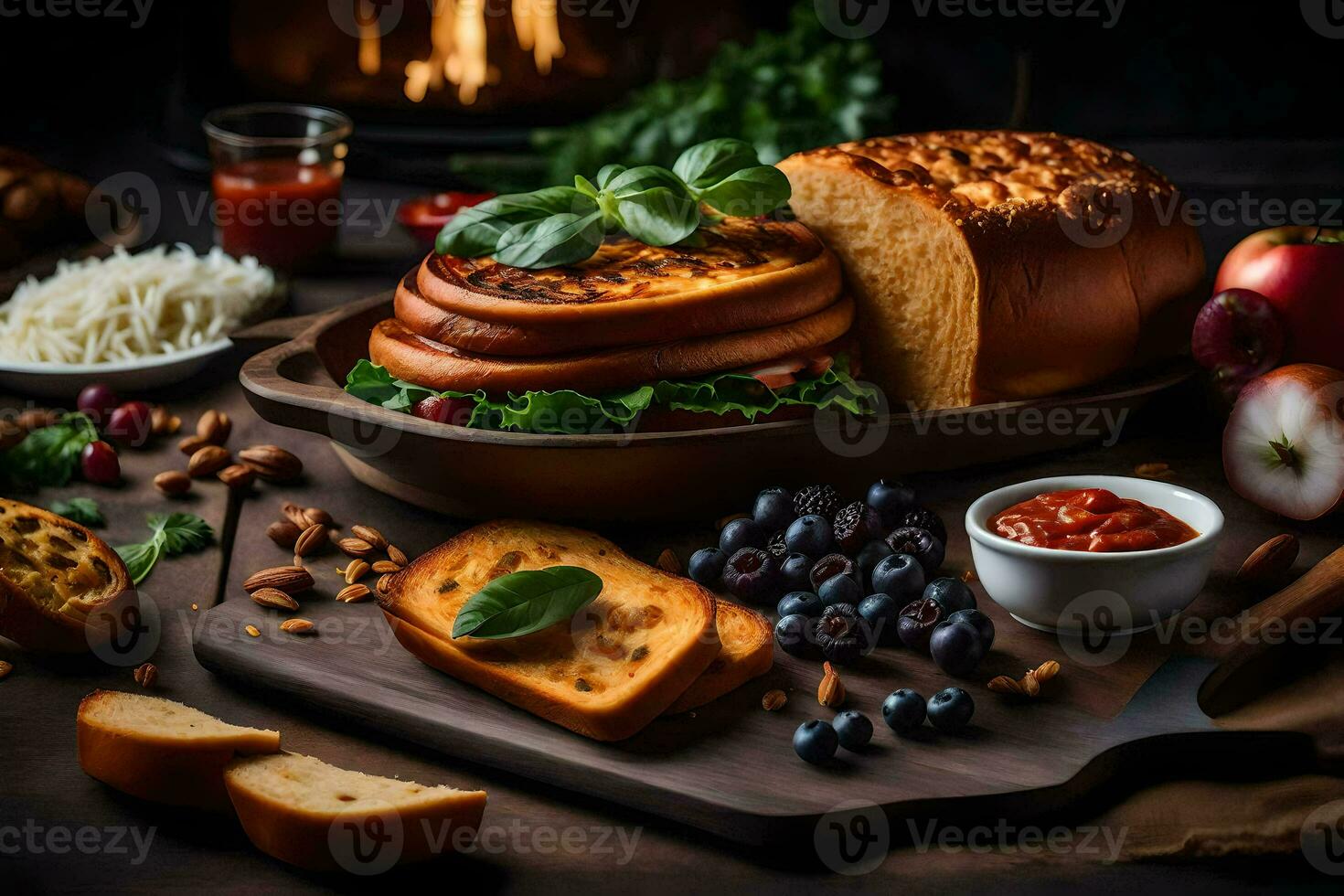 uma pão do pão, queijo, pão e de outros alimentos em uma mesa. gerado por IA foto