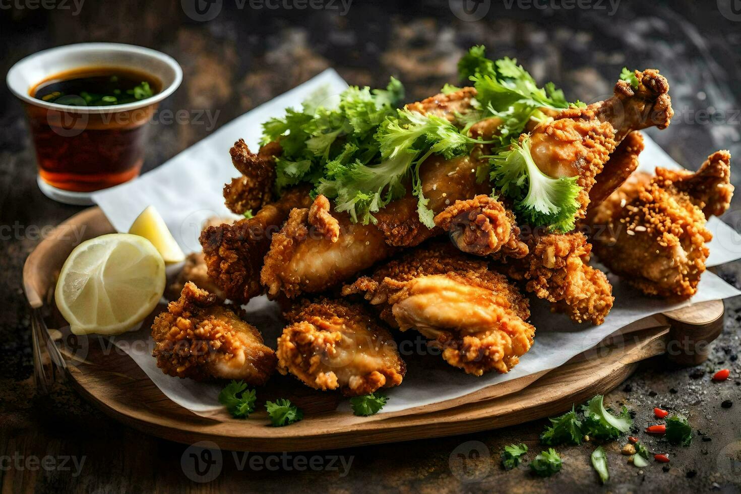 frito frango asas em uma de madeira borda com uma vidro do cerveja. gerado por IA foto