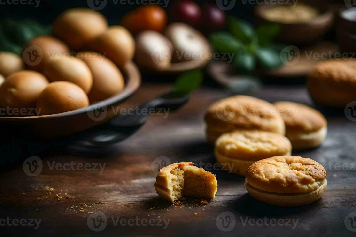 uma tigela do ovos e pão em uma mesa. gerado por IA foto