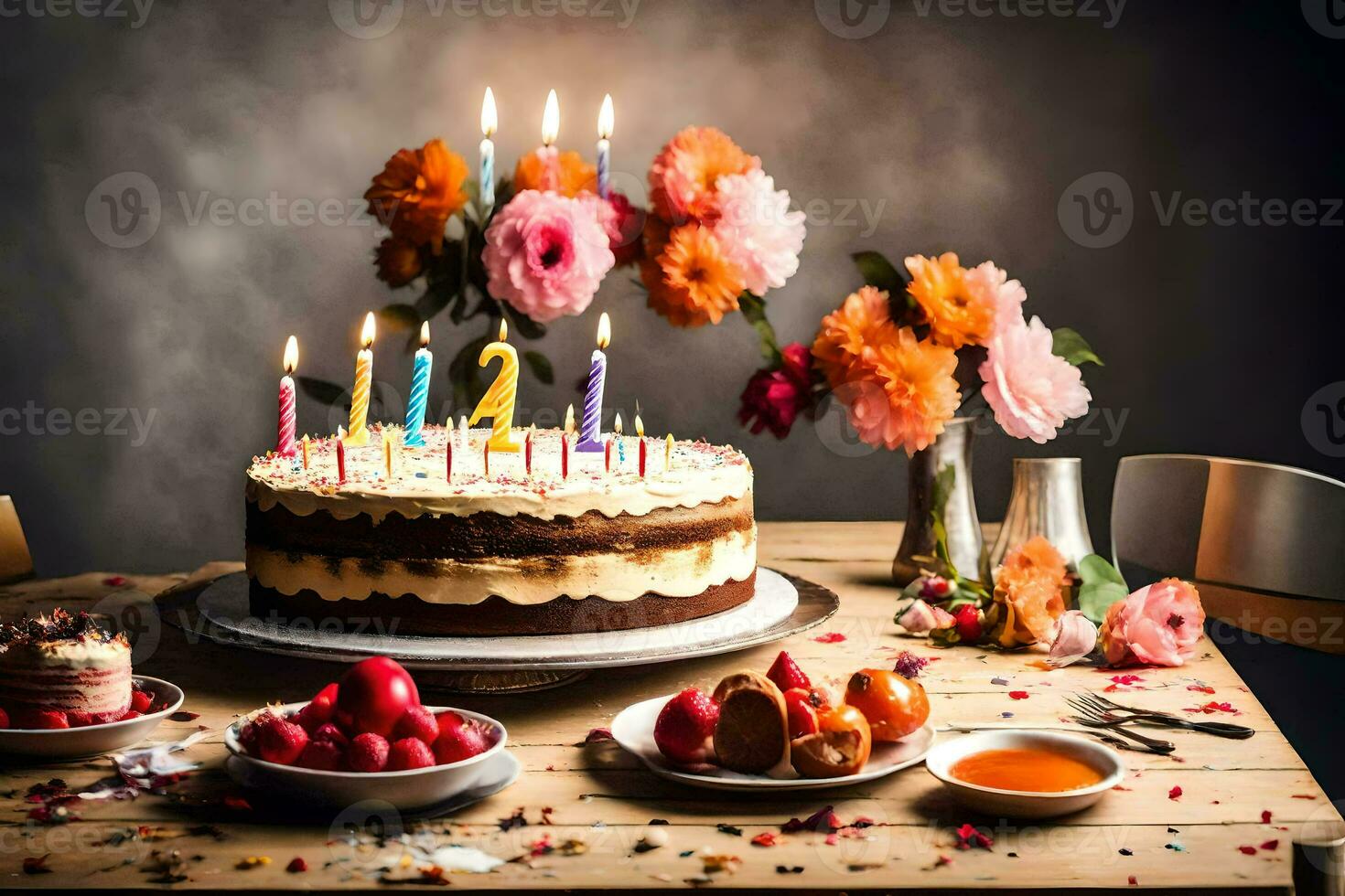 aniversário bolo com velas em a mesa. gerado por IA foto