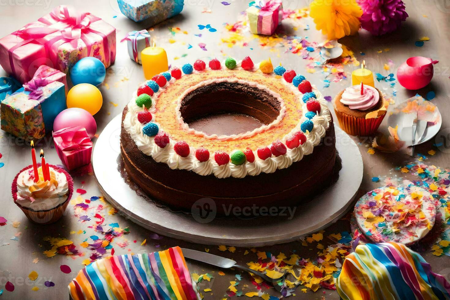 uma aniversário bolo com confete e decorações em uma mesa. gerado por IA foto