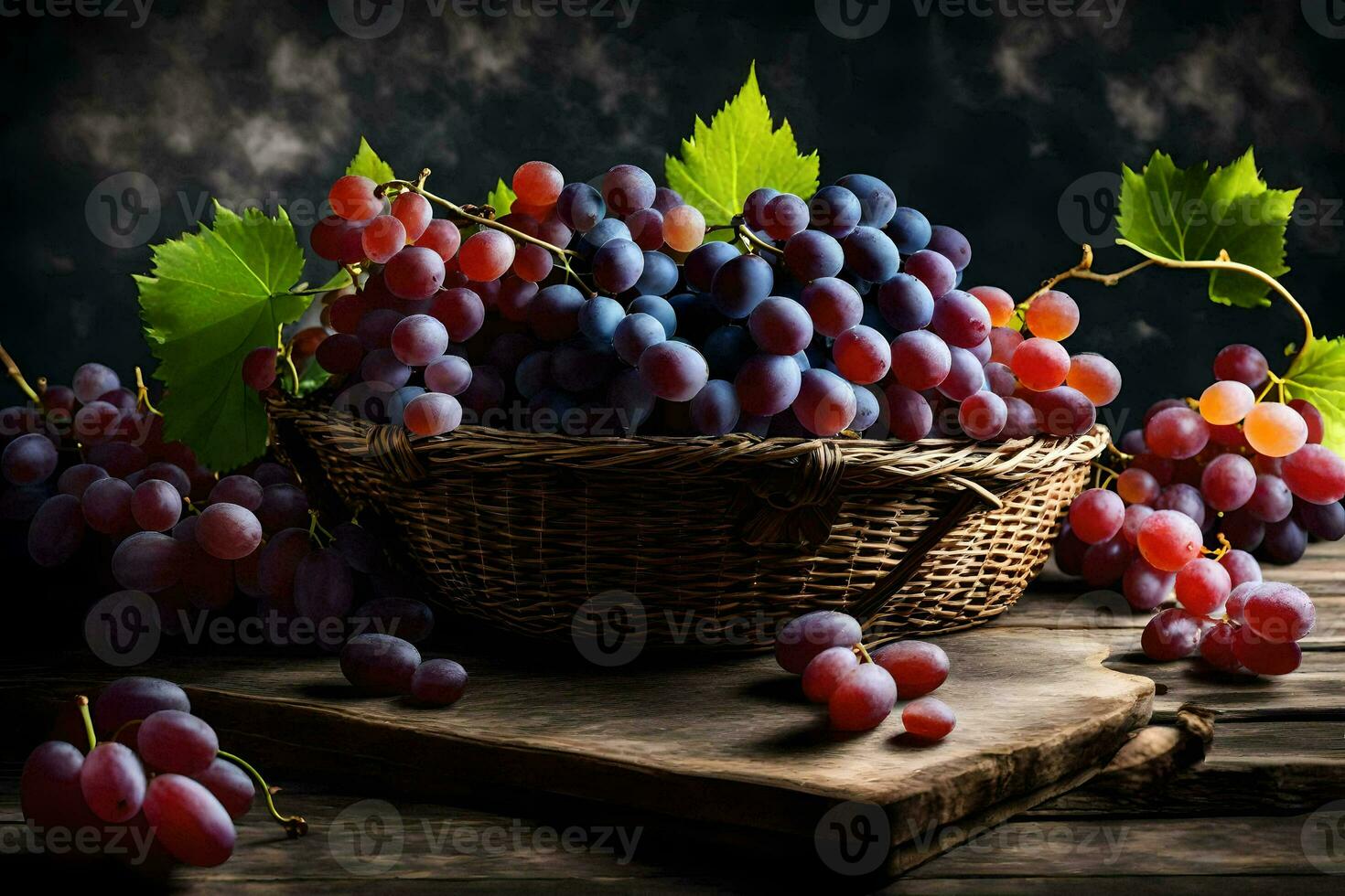 uvas dentro uma cesta em uma de madeira mesa. gerado por IA foto