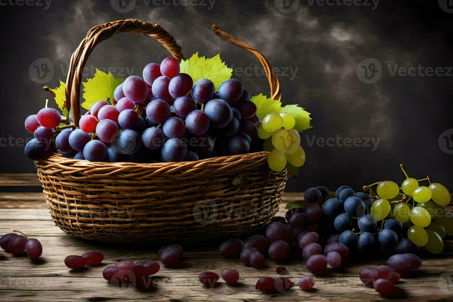 uvas dentro uma cesta em uma de madeira mesa. gerado por IA foto