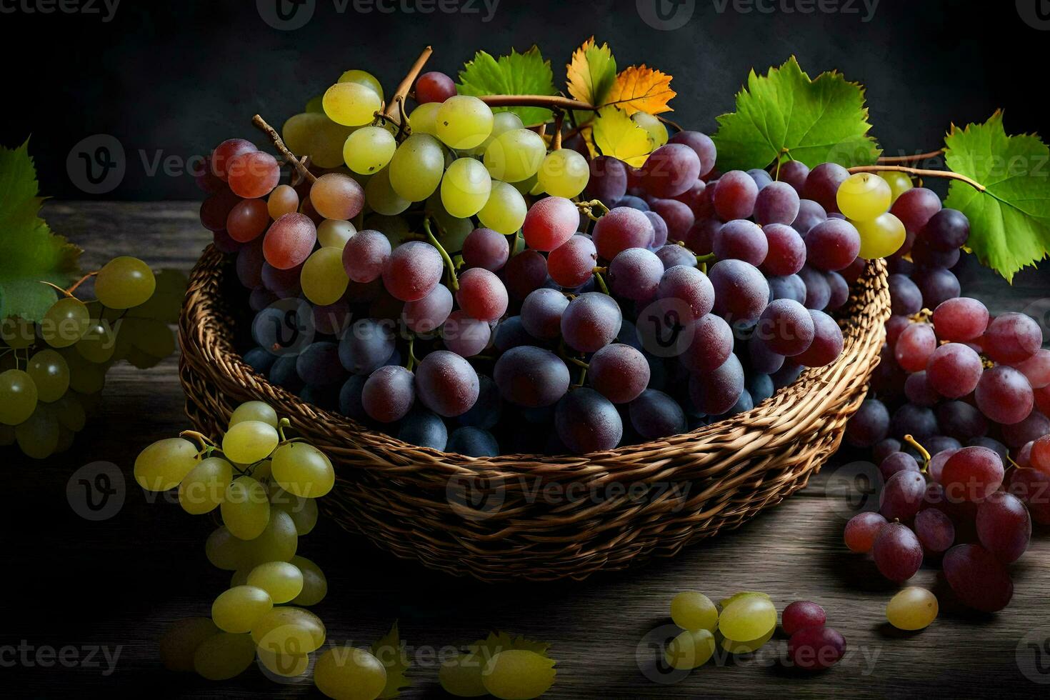 uvas dentro uma cesta em uma de madeira mesa. gerado por IA foto