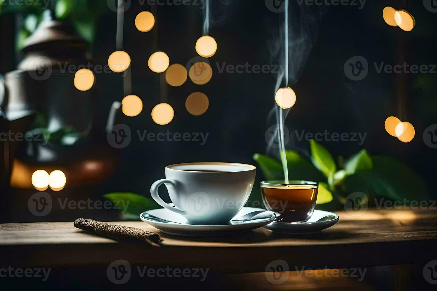 uma copo do café e uma cigarro em uma de madeira mesa. gerado por IA foto