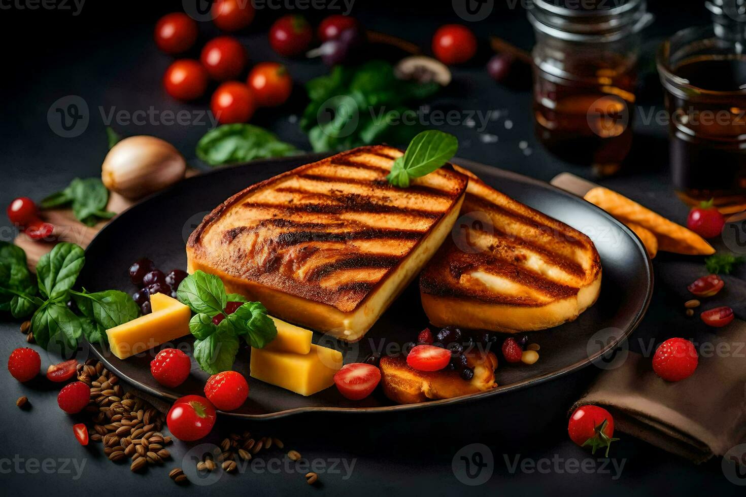 grelhado queijo sanduíche com tomates e queijo em uma Preto fundo. gerado por IA foto