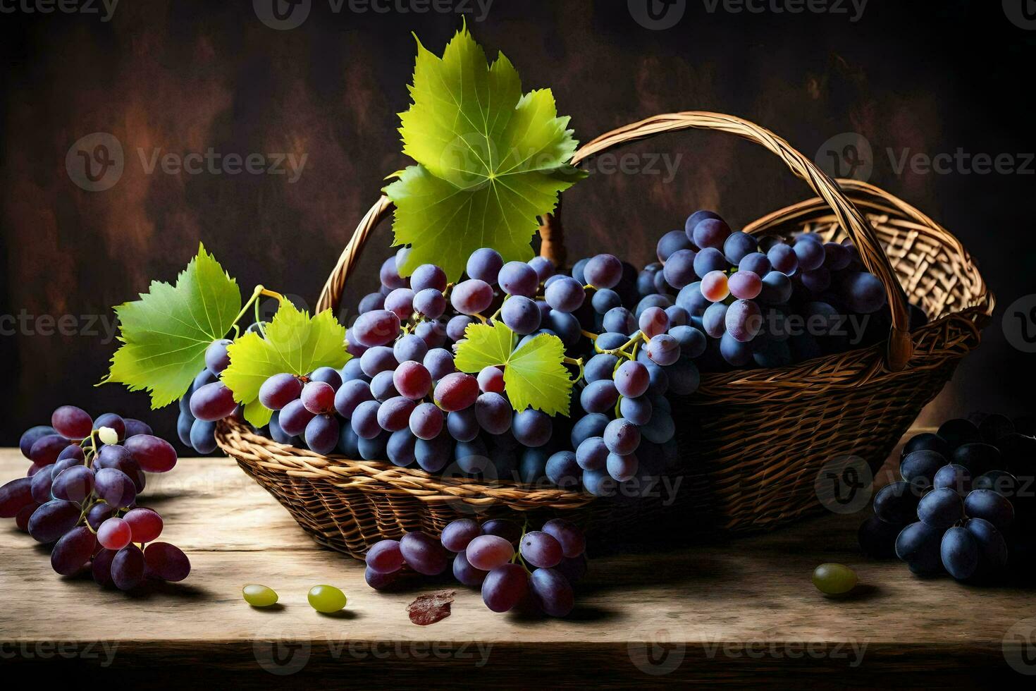 uvas dentro uma cesta em uma de madeira mesa. gerado por IA foto