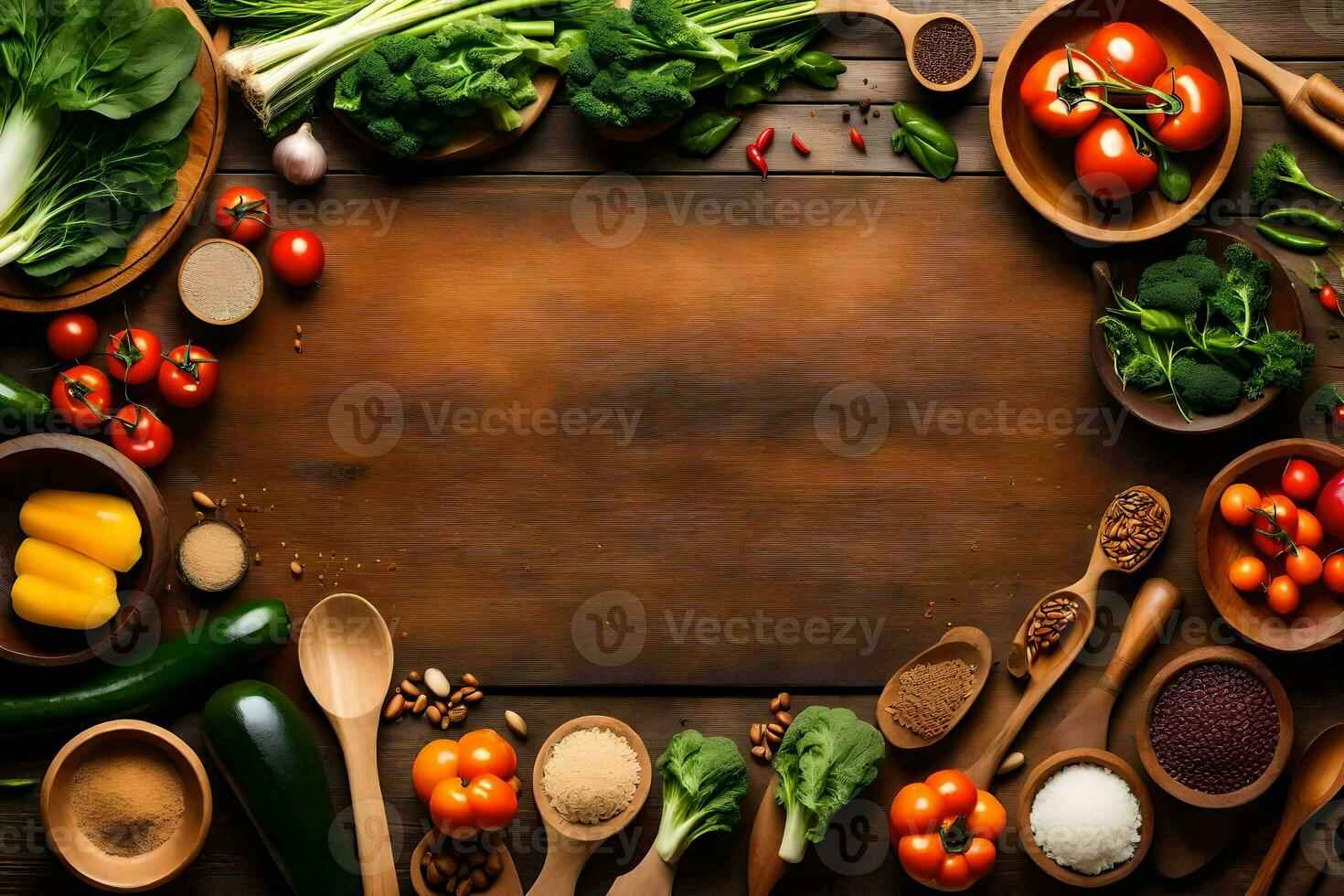 uma de madeira mesa com vários legumes e especiarias. gerado por IA foto