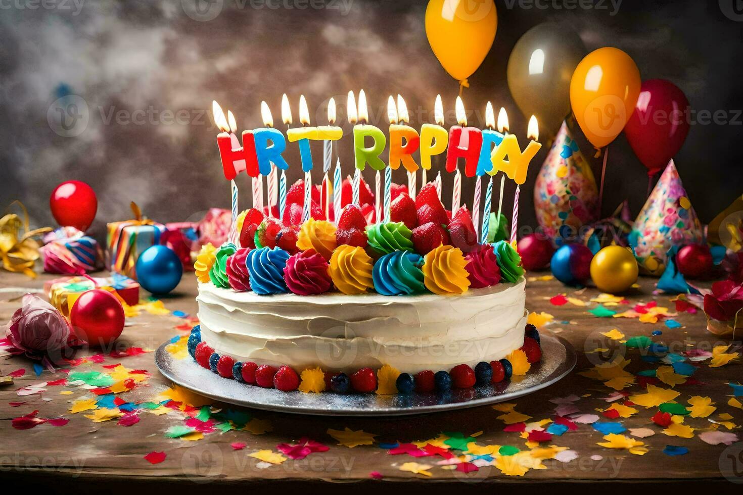 uma aniversário bolo com aceso velas em topo. gerado por IA foto