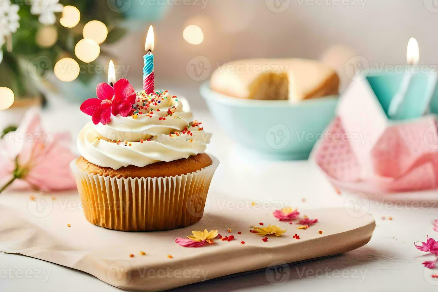 uma Bolinho com velas em uma mesa. gerado por IA foto