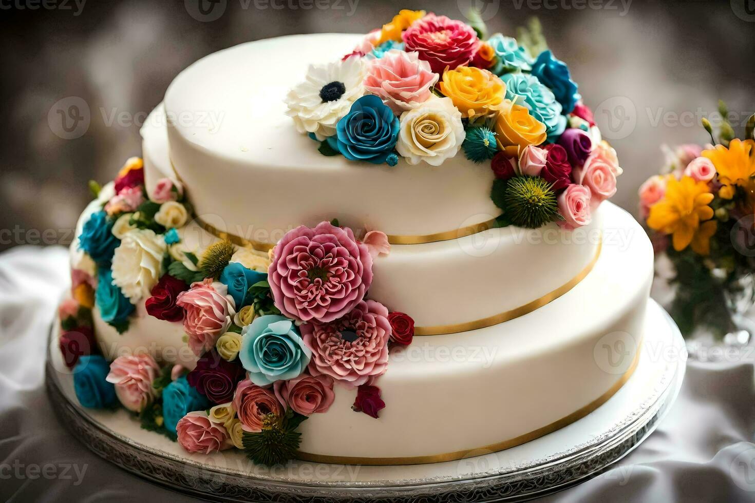 uma três em camadas bolo com colorida flores em topo. gerado por IA foto