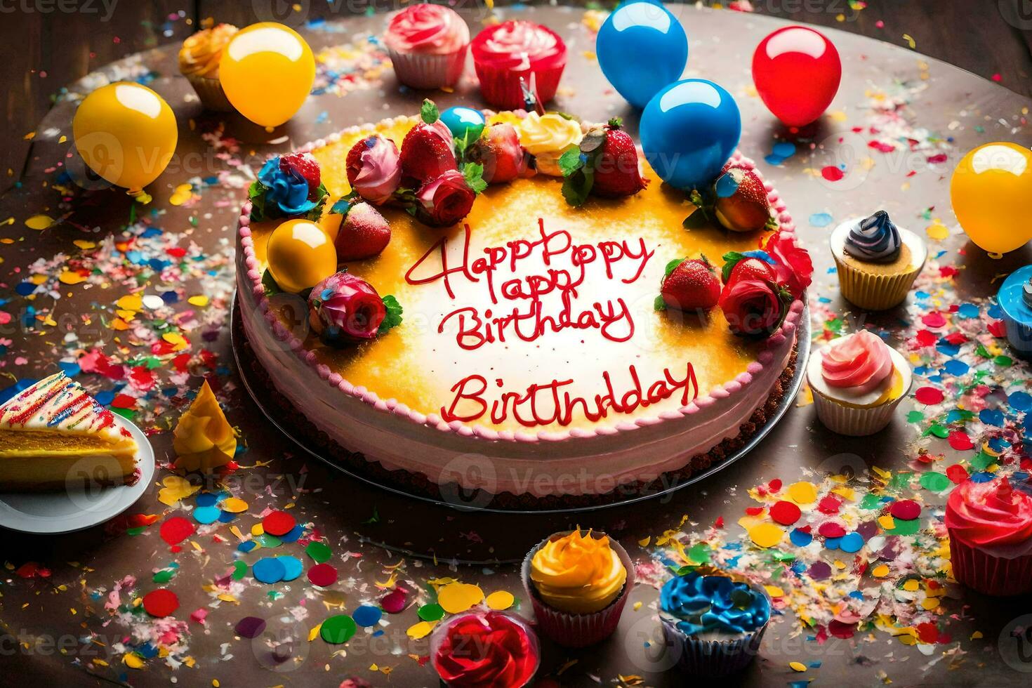 uma aniversário bolo é cercado de confete e balões. gerado por IA foto