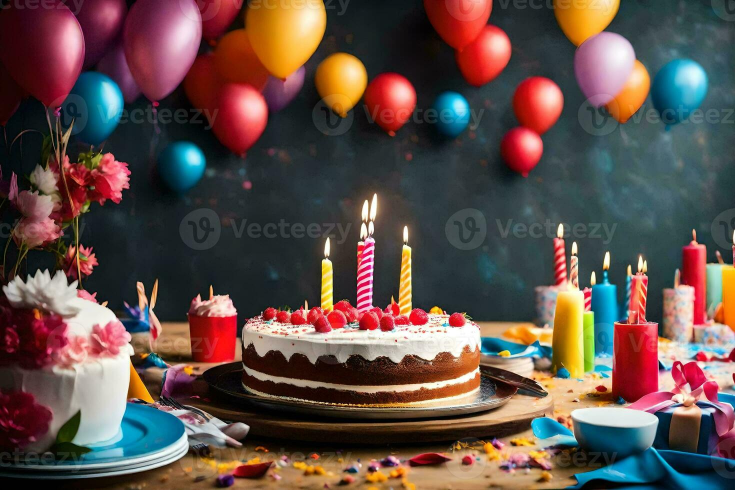 aniversário bolo com velas e balões em uma mesa. gerado por IA foto