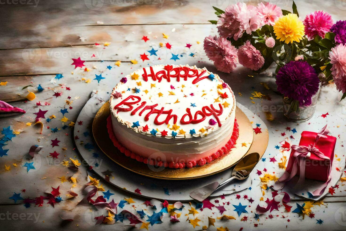 feliz aniversário bolo com flores e confete. gerado por IA foto