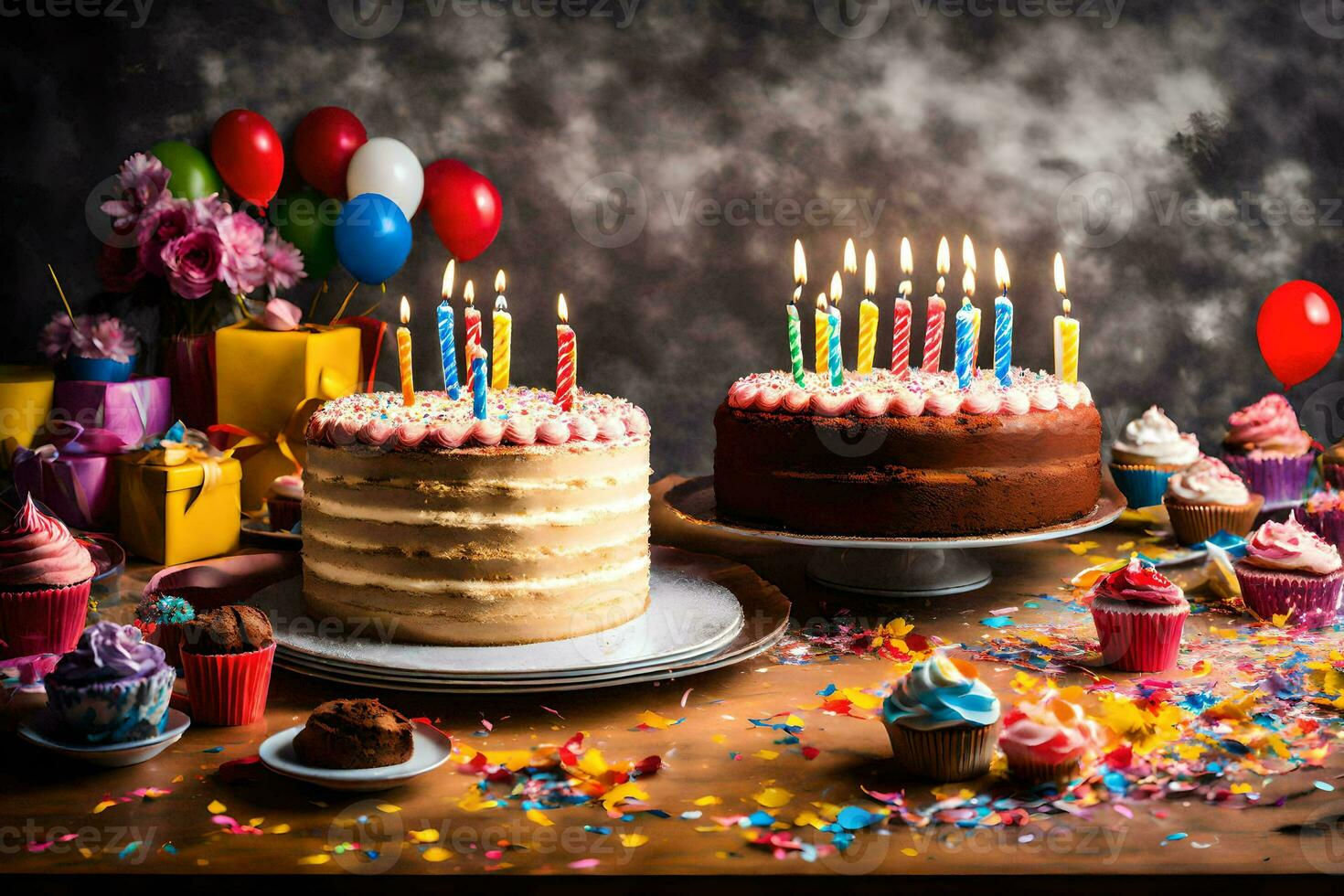 aniversário bolo com velas em a mesa. gerado por IA foto