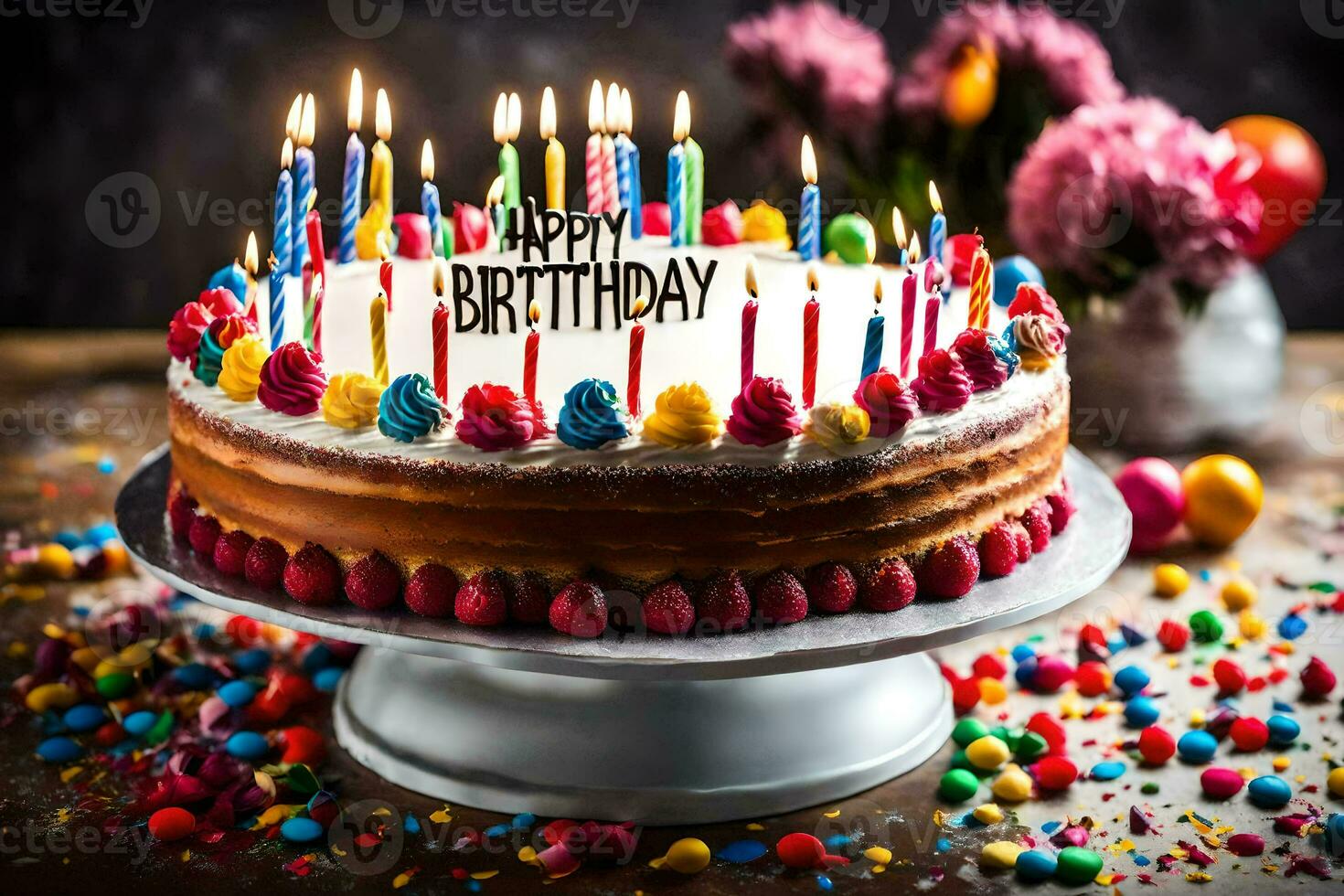 feliz aniversário bolo com velas. gerado por IA foto