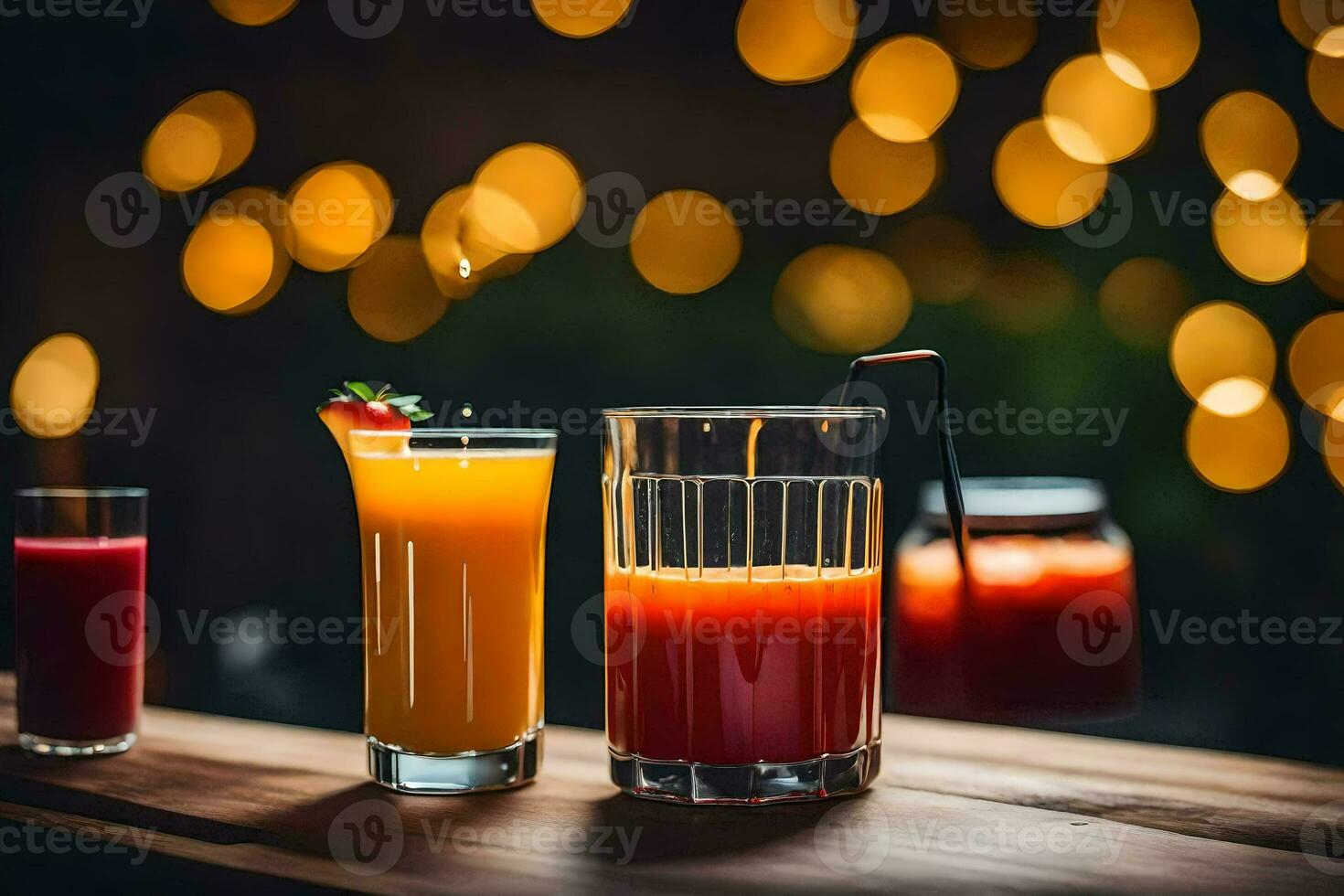 três óculos do suco em uma de madeira mesa. gerado por IA foto