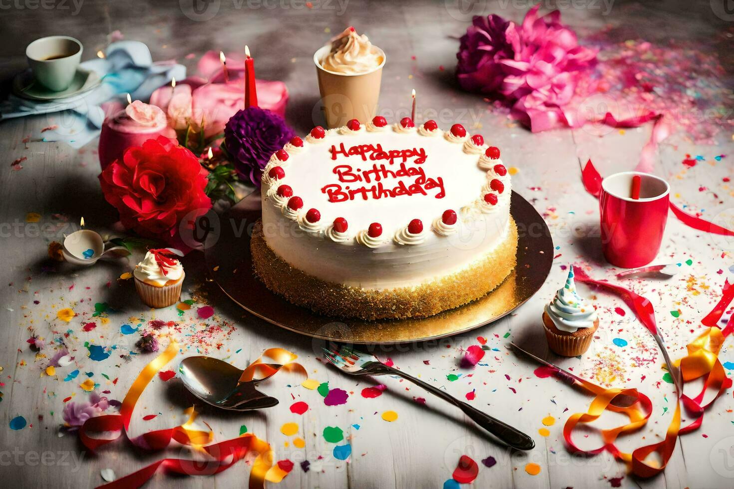 uma aniversário bolo com uma vermelho cereja em topo. gerado por IA foto