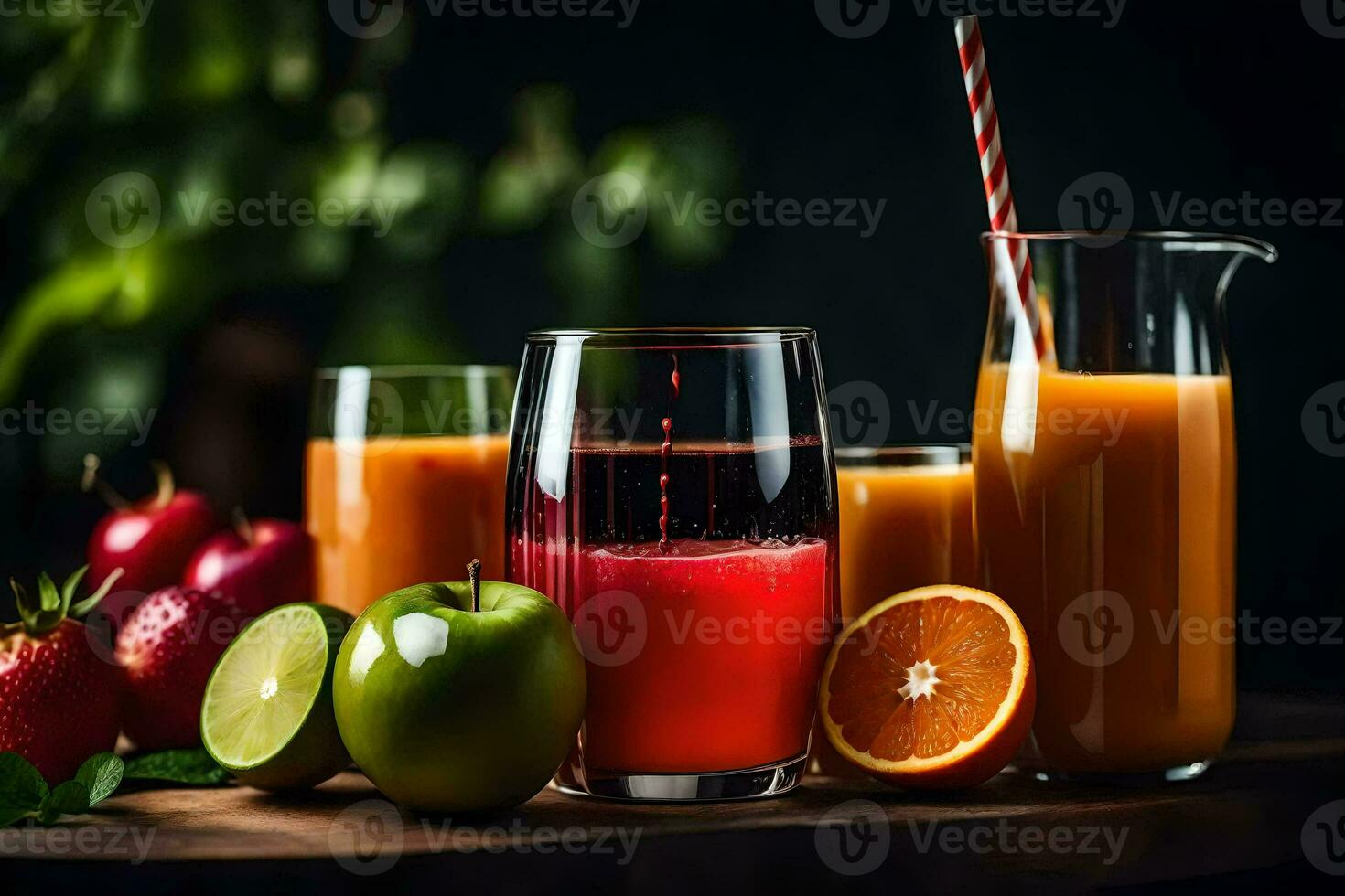 suco e fruta dentro óculos e em uma mesa. gerado por IA foto