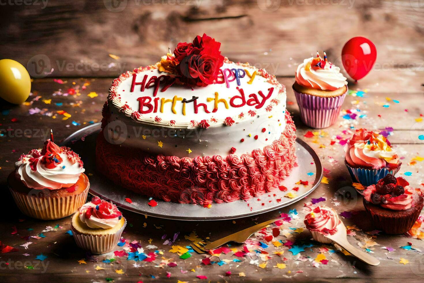 uma aniversário bolo com vermelho geada e bolos de copo. gerado por IA foto