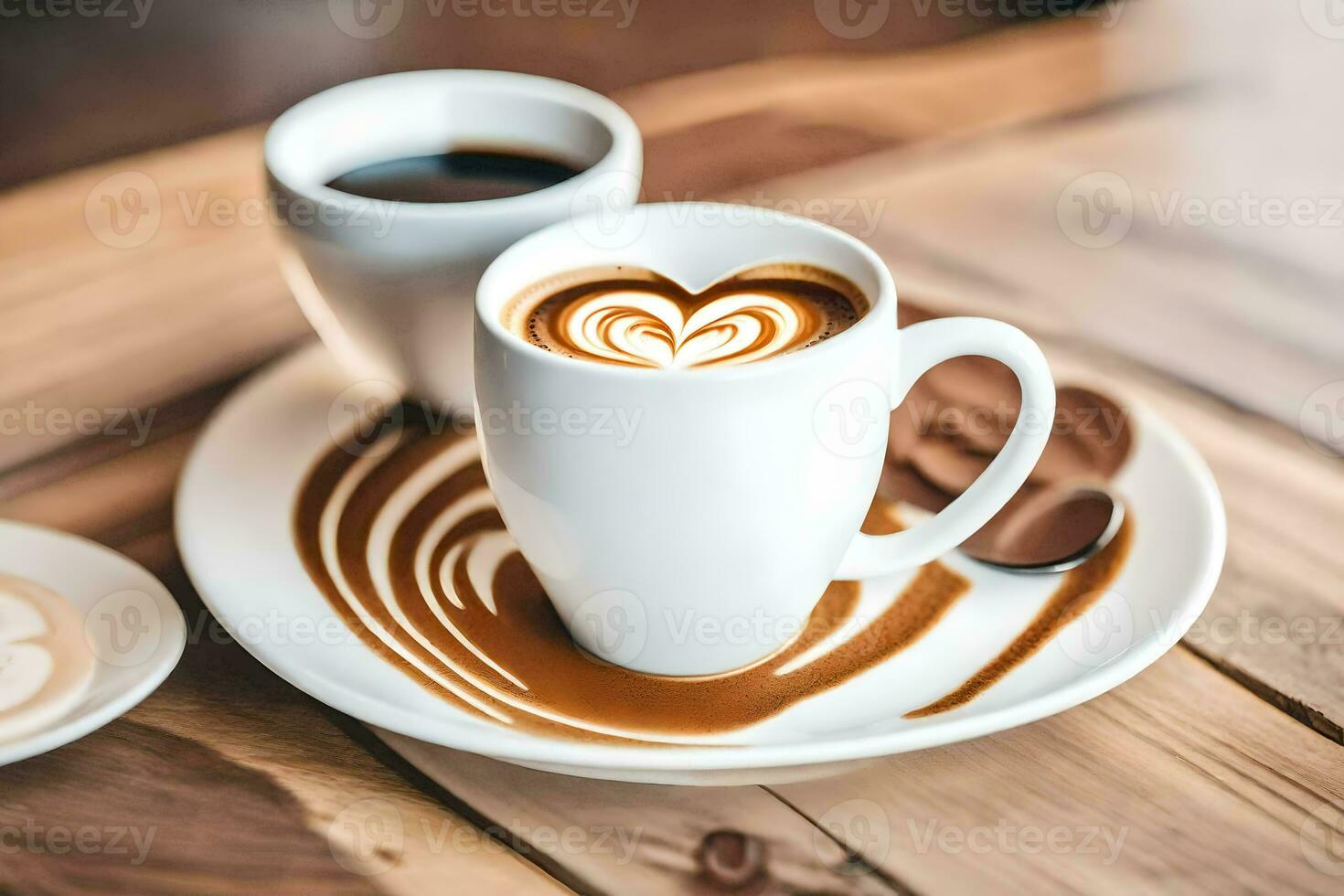 café e uma coração em forma café com leite em uma de madeira mesa. gerado por IA foto