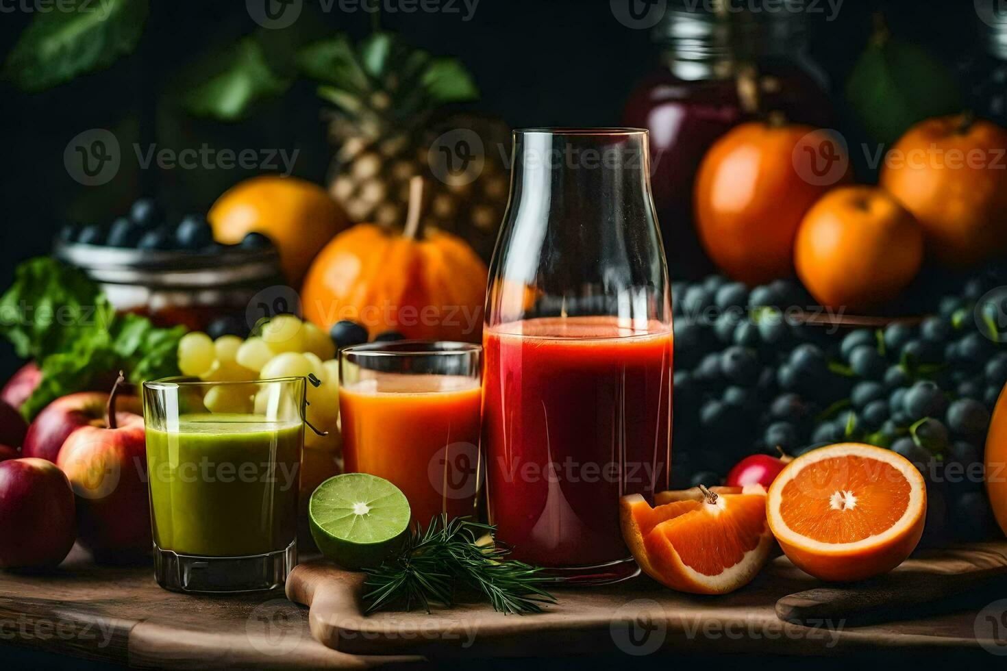 suco e frutas em uma mesa. gerado por IA foto