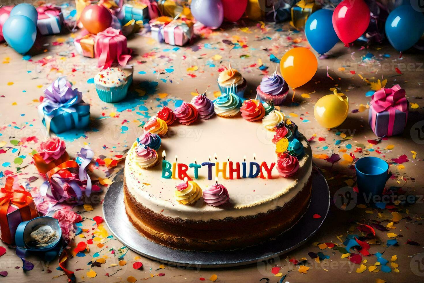 uma aniversário bolo com colorida confete e balões. gerado por IA foto