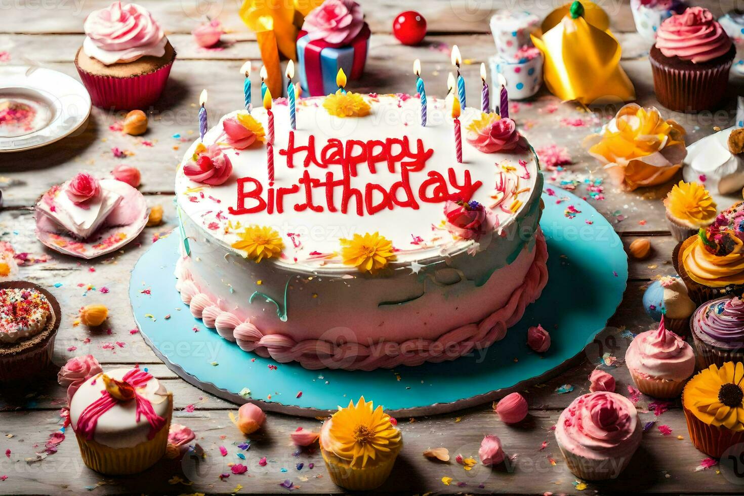 feliz aniversário bolo com bolos de copo e confete. gerado por IA foto
