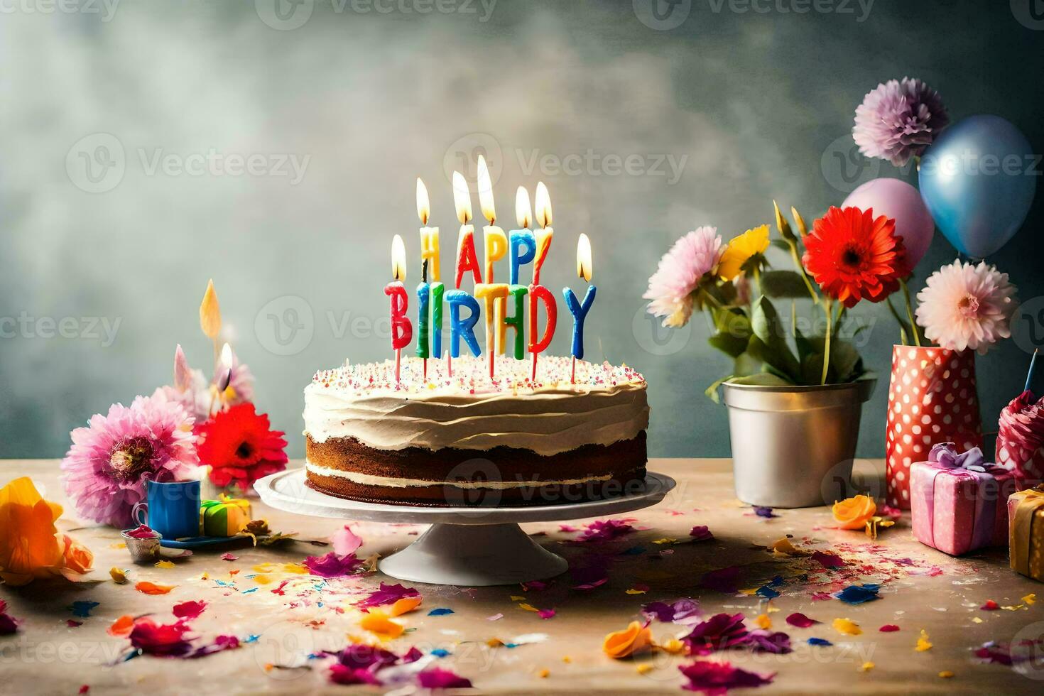 uma aniversário bolo com velas em isto e flores gerado por IA foto